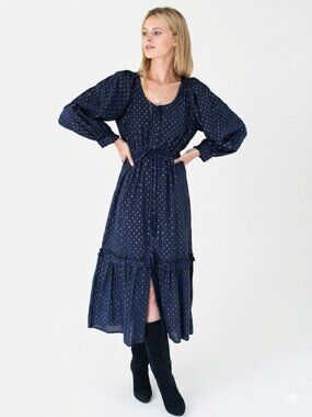 India Collection Emerson Fry Lucy Midi Dress XS Navy Gold Lurex Dot Boho